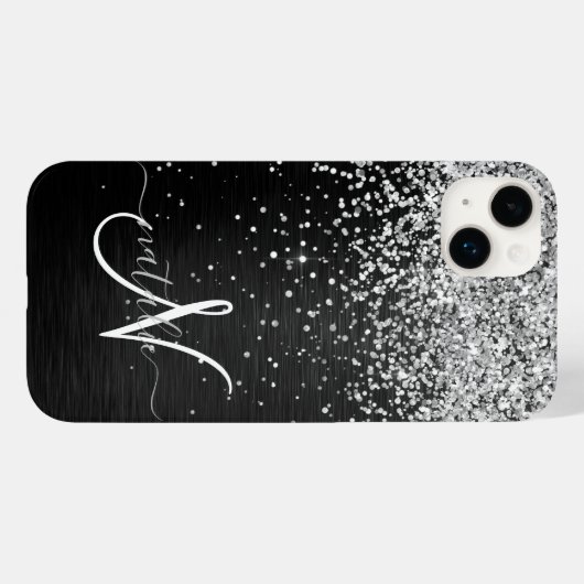 Aangepast zilveren glitter-zwart monogram Case-Mate iPhone case (Achterkant (horizontaal))