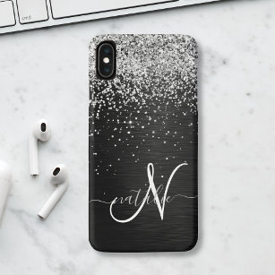 Aangepast zilveren glitter-zwart monogram iPhone 15 case