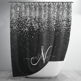 Aangepast zilveren glitter-zwart monogram douchegordijn