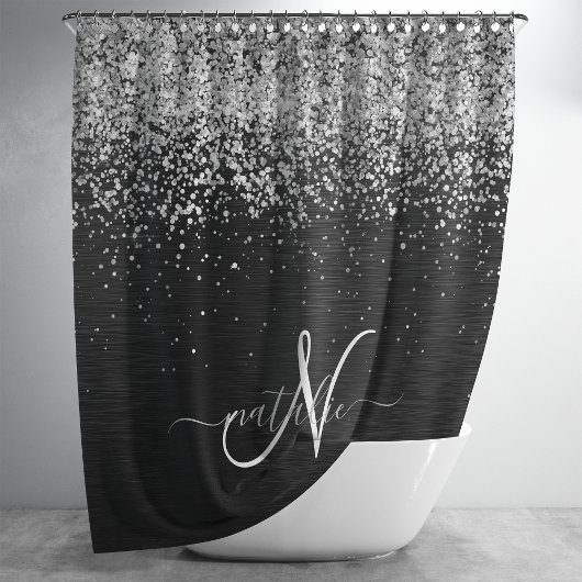 Aangepast zilveren glitter-zwart monogram douchegordijn