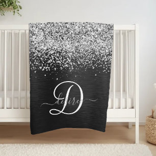 Aangepast zilveren glitter-zwart monogram fleece deken