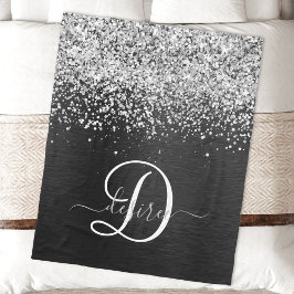 Aangepast zilveren glitter-zwart monogram fleece deken