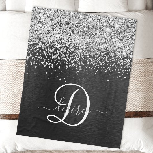 Aangepast zilveren glitter-zwart monogram fleece deken