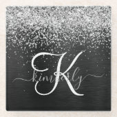 Aangepast zilveren glitter-zwart monogram glazen onderzetter (Voorkant)