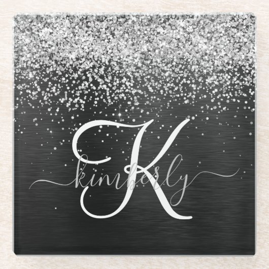 Aangepast zilveren glitter-zwart monogram glazen onderzetter (Voorkant)