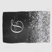 Aangepast zilveren glitter-zwart monogram golfhanddoek (Horizontaal)