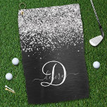 Aangepast zilveren glitter-zwart monogram golfhanddoek<br><div class="desc">Pas dit trendy elegante golfhanddoekontwerp met  zilveren mousserende glitter op een zwarte geborstelde metalen achtergrond gemakkelijk aan.</div>