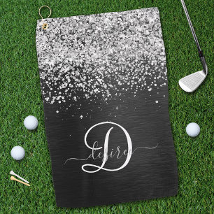 Aangepast zilveren glitter-zwart monogram golfhanddoek