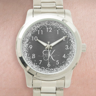 Aangepast zilveren glitter-zwart monogram horloge