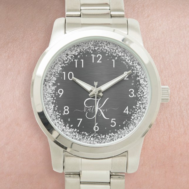 Aangepast zilveren glitter-zwart monogram horloge (Creator heeft geüpload)