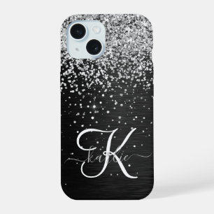 Aangepast zilveren glitter-zwart monogram iPhone 15 case