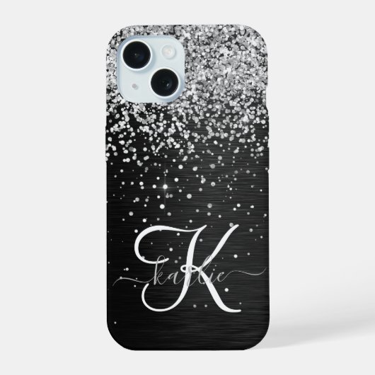 Aangepast zilveren glitter-zwart monogram iPhone 15 case (Achterkant)