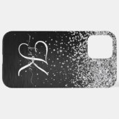 Aangepast zilveren glitter-zwart monogram iPhone hoesje (Achterkant horizontaal)