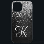 Aangepast zilveren glitter-zwart monogram iPhone 12 pro max hoesje<br><div class="desc">Pas dit trendy elegante telefoondoosontwerp eenvoudig aan met  zilveren mousserende glitter op een zwarte geborstelde metalen achtergrond.</div>