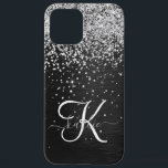 Aangepast zilveren glitter-zwart monogram iPhone 12 pro max hoesje<br><div class="desc">Pas dit trendy elegante telefoondoosontwerp eenvoudig aan met  zilveren mousserende glitter op een zwarte geborstelde metalen achtergrond.</div>