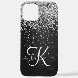 Aangepast zilveren glitter-zwart monogram iPhone 12 pro max hoesje