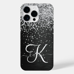 Aangepast zilveren glitter-zwart monogram iPhone 14 pro max hoesje