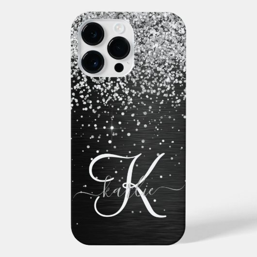 Aangepast zilveren glitter-zwart monogram iPhone hoesje (Achterkant)