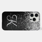 Aangepast zilveren glitter-zwart monogram iPhone hoesje (Achterkant horizontaal)