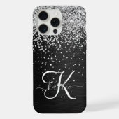 Aangepast zilveren glitter-zwart monogram iPhone hoesje (Achterkant)