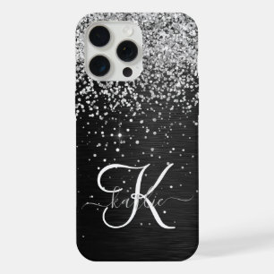 Aangepast zilveren glitter-zwart monogram iPhone 15 pro max case