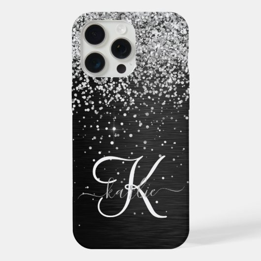 Aangepast zilveren glitter-zwart monogram iPhone hoesje (Achterkant)