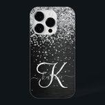 Aangepast zilveren glitter-zwart monogram iPhone 14 plus hoesje<br><div class="desc">Pas dit trendy elegante telefoondoosontwerp eenvoudig aan met  zilveren mousserende glitter op een zwarte geborstelde metalen achtergrond.</div>