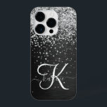 Aangepast zilveren glitter-zwart monogram iPhone 14 plus hoesje<br><div class="desc">Pas dit trendy elegante telefoondoosontwerp eenvoudig aan met  zilveren mousserende glitter op een zwarte geborstelde metalen achtergrond.</div>