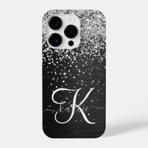 Aangepast zilveren glitter-zwart monogram iPhone 14 plus hoesje