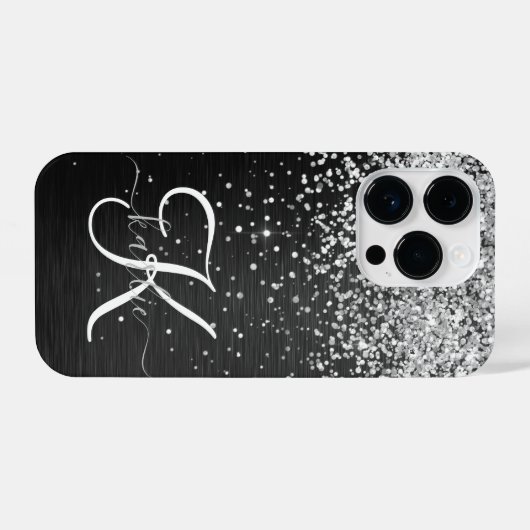 Aangepast zilveren glitter-zwart monogram iPhone hoesje (Achterkant horizontaal)