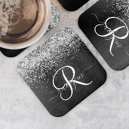 Aangepast zilveren glitter-zwart monogram kartonnen onderzetters