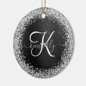 Aangepast zilveren glitter-zwart monogram keramisch ornament (Links)