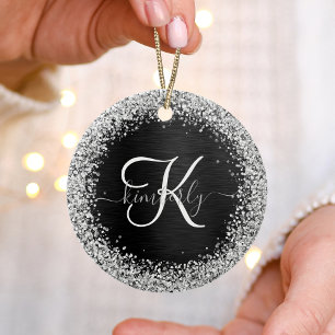 Aangepast zilveren glitter-zwart monogram keramisch ornament