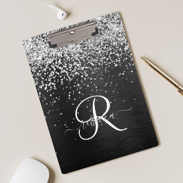 Aangepast zilveren glitter-zwart monogram klembord