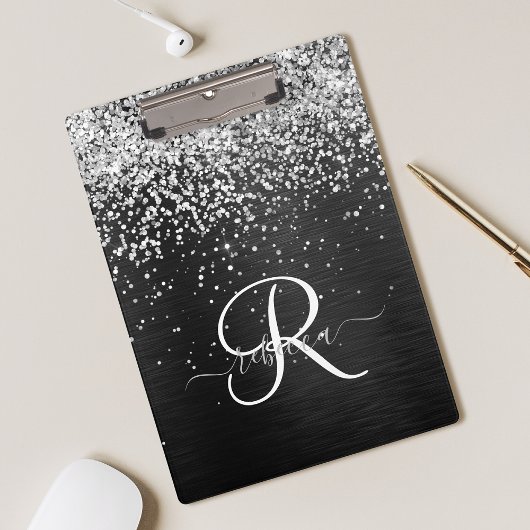 Aangepast zilveren glitter-zwart monogram klembord