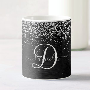 Aangepast zilveren glitter-zwart monogram koffiemok