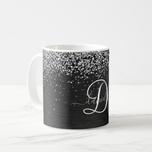 Aangepast zilveren glitter-zwart monogram koffiemok (Voorkant links)