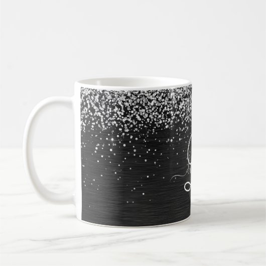 Aangepast zilveren glitter-zwart monogram koffiemok (Links)