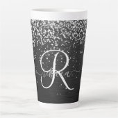 Aangepast zilveren glitter-zwart monogram latte mok (Voorkant)