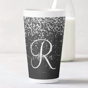 Aangepast zilveren glitter-zwart monogram latte mok