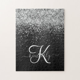 Aangepast zilveren glitter-zwart monogram legpuzzel