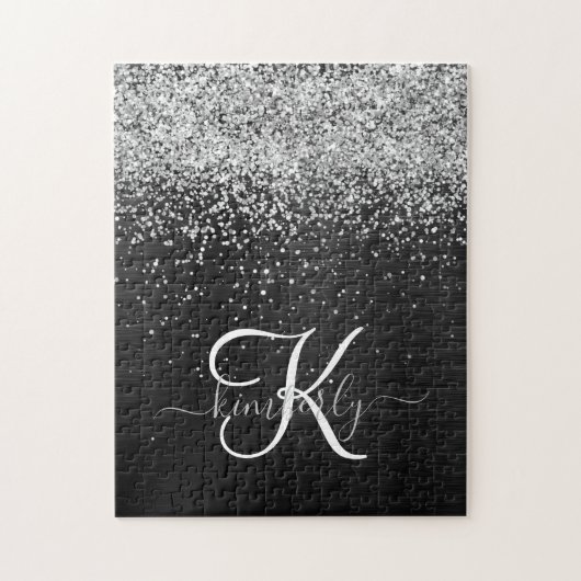 Aangepast zilveren glitter-zwart monogram legpuzzel (Verticaal)