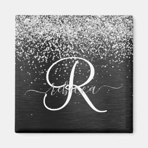 Aangepast zilveren glitter-zwart monogram magneet