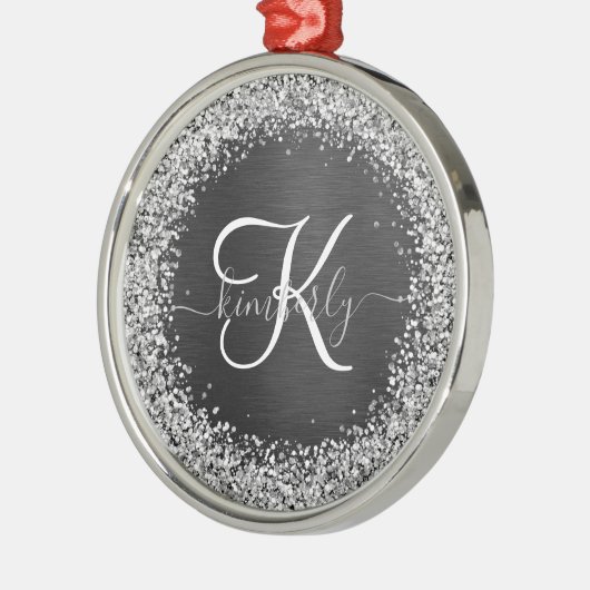 Aangepast zilveren glitter-zwart monogram metalen ornament (Links)