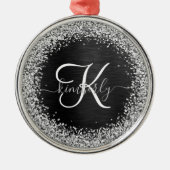 Aangepast zilveren glitter-zwart monogram metalen ornament (Voorkant)