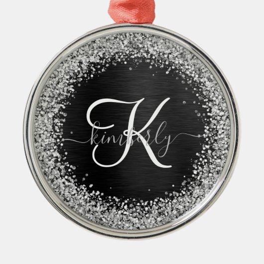 Aangepast zilveren glitter-zwart monogram metalen ornament (Voorkant)