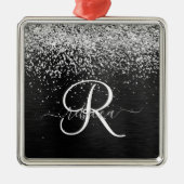 Aangepast zilveren glitter-zwart monogram metalen ornament (Voorkant)