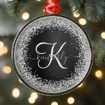 Aangepast zilveren glitter-zwart monogram metalen ornament<br><div class="desc">Pas dit trendy elegante metalen sierontwerp met  zilveren mousserende glitter op een zwarte geborstelde metalen achtergrond eenvoudig aan.</div>