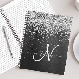 Aangepast zilveren glitter-zwart monogram notitieboek