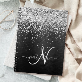 Aangepast zilveren glitter-zwart monogram notitieboek